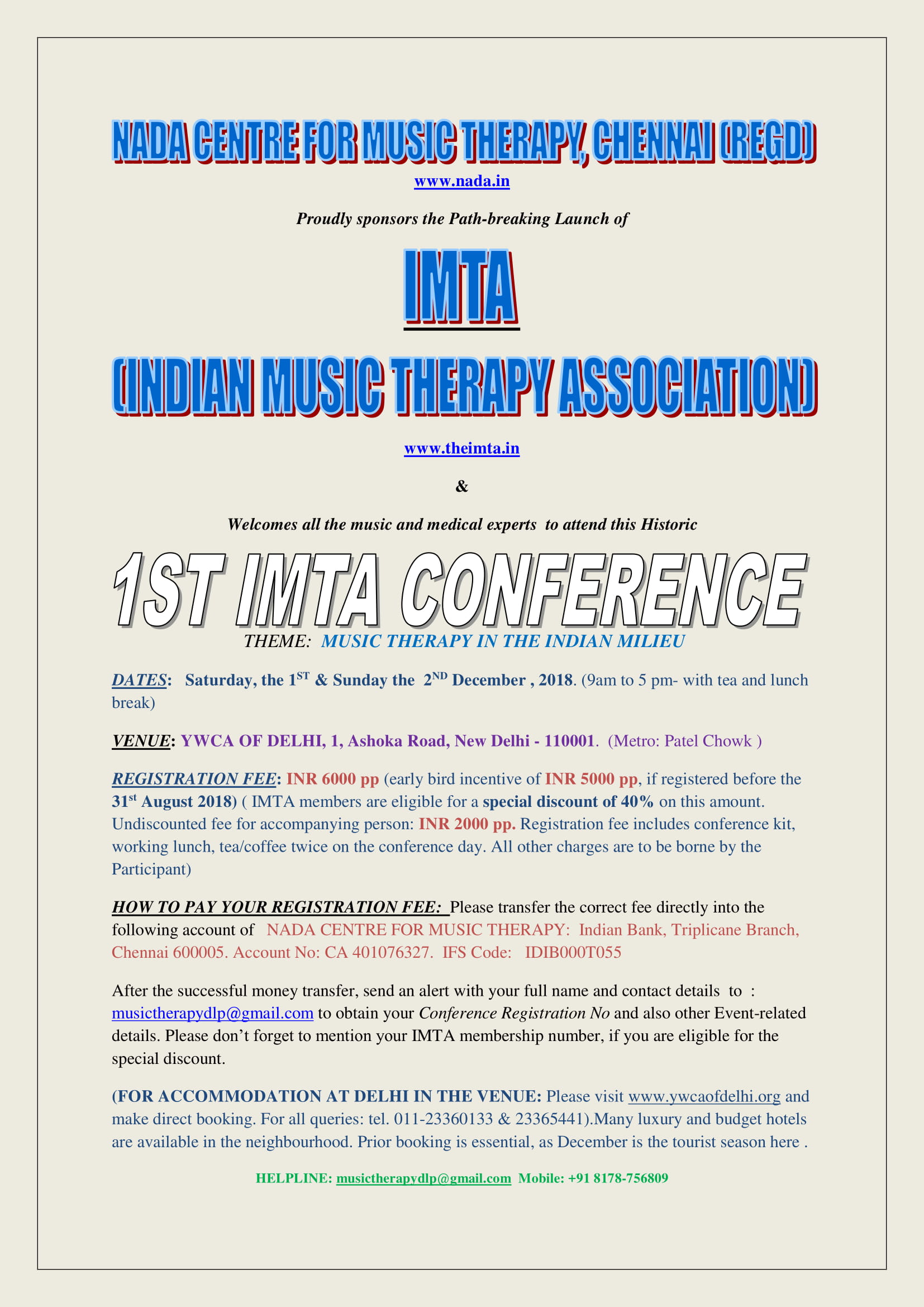 WELCOME TO JOIN THE DELHI IMTA CONFERENCE-2018 ON 1ST & 2ND DECEMBER AT YWCA OF DELHI, DELHI, INDIA!